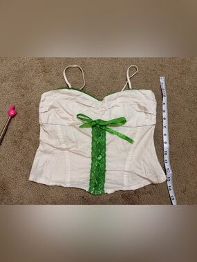 Tempted Cream Lace-Trim Cami with Green Ribbon